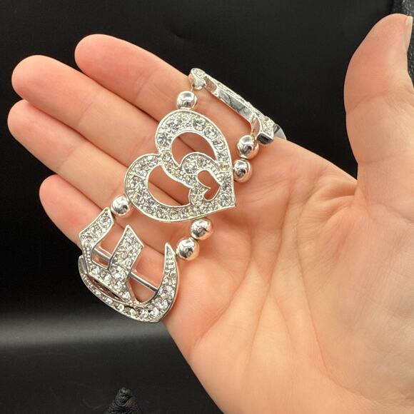 Crystal Bracelet LOVE Bling Rhinestone Heart Silver Tone 6.5" Stretch Bangle - Picture 4 of 9